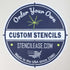 Custom stencils promotional sign with company logo and website, highlighting order options.